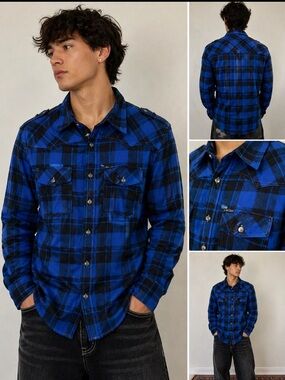 Marc Ecko blue Plaid Button-Up Shirt Men’s Casual Streetwear, 3XL 100% cotton